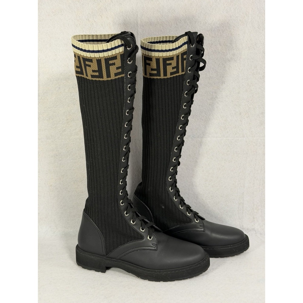 FENDI Rockoko Tall Combat Boots Black Leather FF Logo Stretch Knit Lace Up, 37